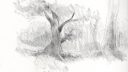 Dessin en noir et blanc d'un paysage avec un arbre et des montagnes, technique de dessin au crayon