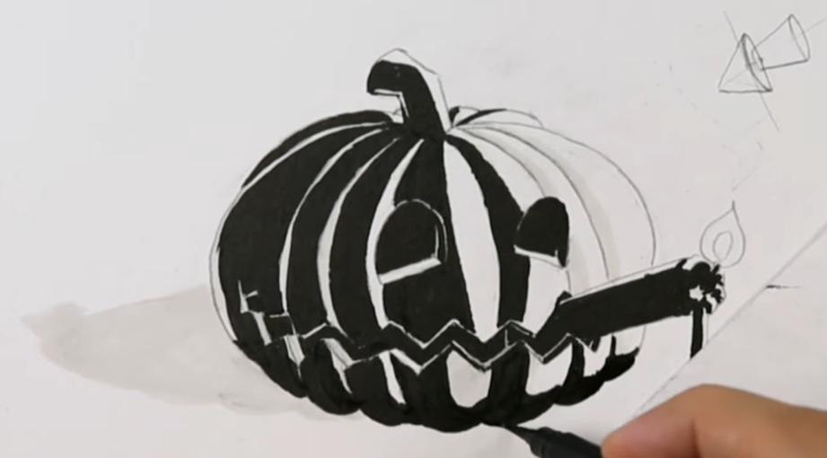 dessin d'une citrouille d'Halloween : encrage