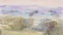Paysage avec nuages et bateau, technique de dessin aquarelle