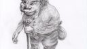 Dessin en noir et blanc d'un singe assis, style réaliste, technique de dessin au crayon
