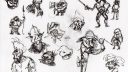 Dessins variés de personnages en noir et blanc, style cartoon, technique de croquis