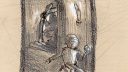 Série de trois images montrant des détails de dessins en noir et blanc, probablement de techniques de croquis ou de lignes