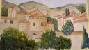 Vue de village avec toits rouges et arbres, technique de dessin réaliste
