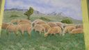 Paysage avec des moutons et des collines, technique de dessin réaliste