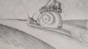 Dessin de deux escargots sur un fond de colline, technique de dessin simple et naturelle