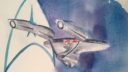 Dessin d'un avion avec des ailes et une queue, sur fond bleu