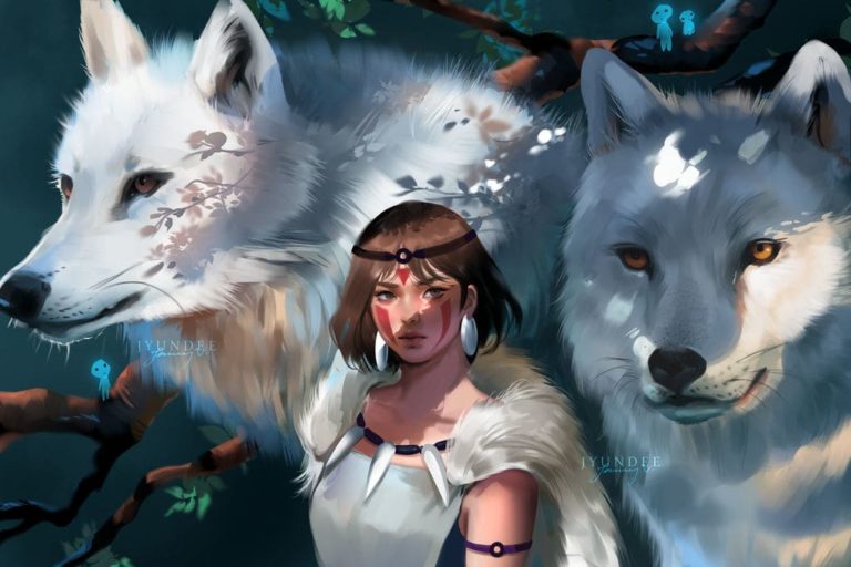 Fanart de Princesse Mononoké entourée de loups blancs par Jyundee