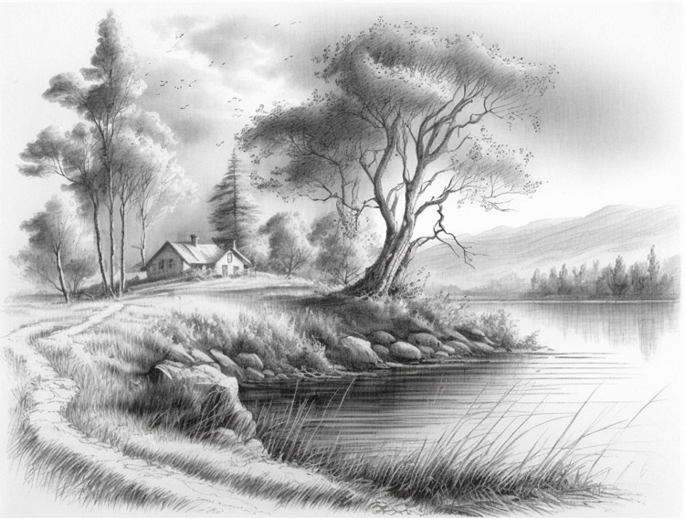 dessin de paysage au crayon