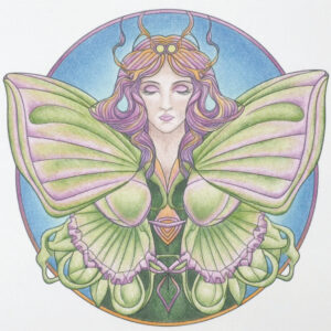 Coloriage issu de la formation Coloriage pour Adulte du blog Apprendre à Dessiner. Femme papillon coloriée en rose et vert sur fond bleu.