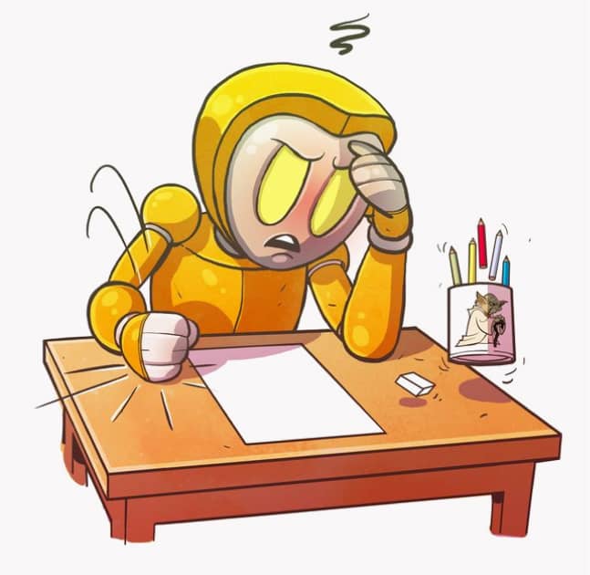 Personnage qui râle au dessus de sa table à dessin