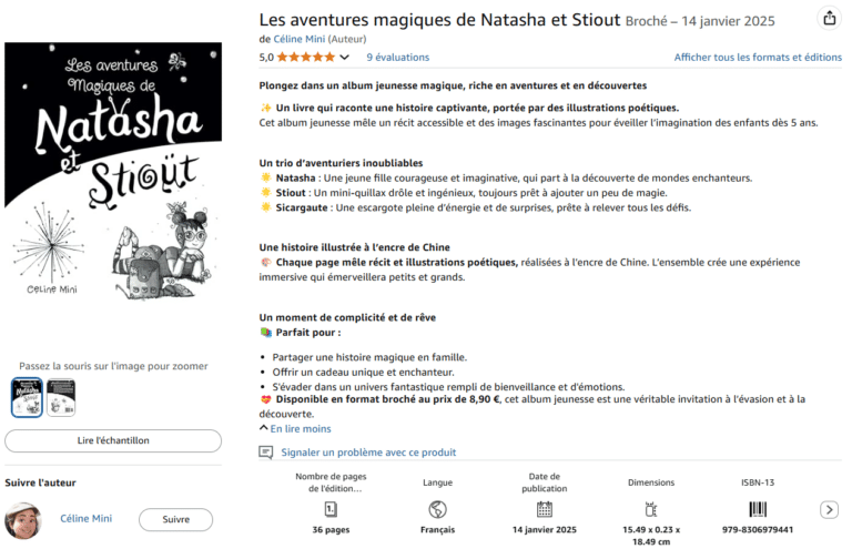 Page produit Amazon du livre 'Les aventures magiques de Natasha et Stiout' montrant la description détaillée et les informations techniques