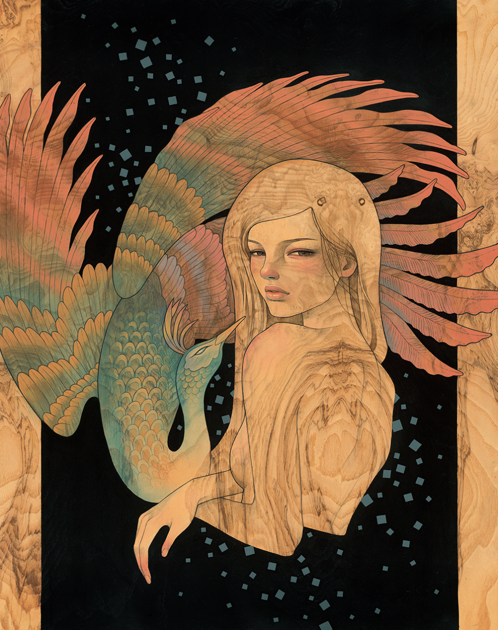 Œuvre d'Audrey Kawasaki représentant une jeune femme blonde avec un oiseau bleu et des ailes rouges sur fond noir