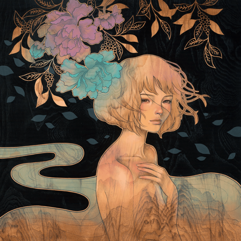 Œuvre d'Audrey Kawasaki montrant une jeune femme avec des fleurs violettes et turquoise sur fond noir