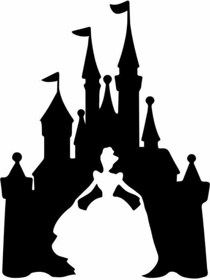 Silhouette noire d'un château avec une princesse en blanc au premier plan