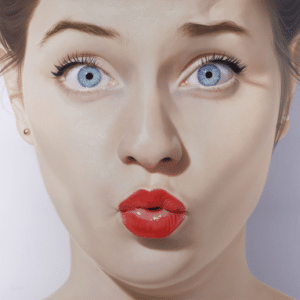 Portrait hyperréaliste d'une jeune femme aux yeux bleus et lèvres rouges