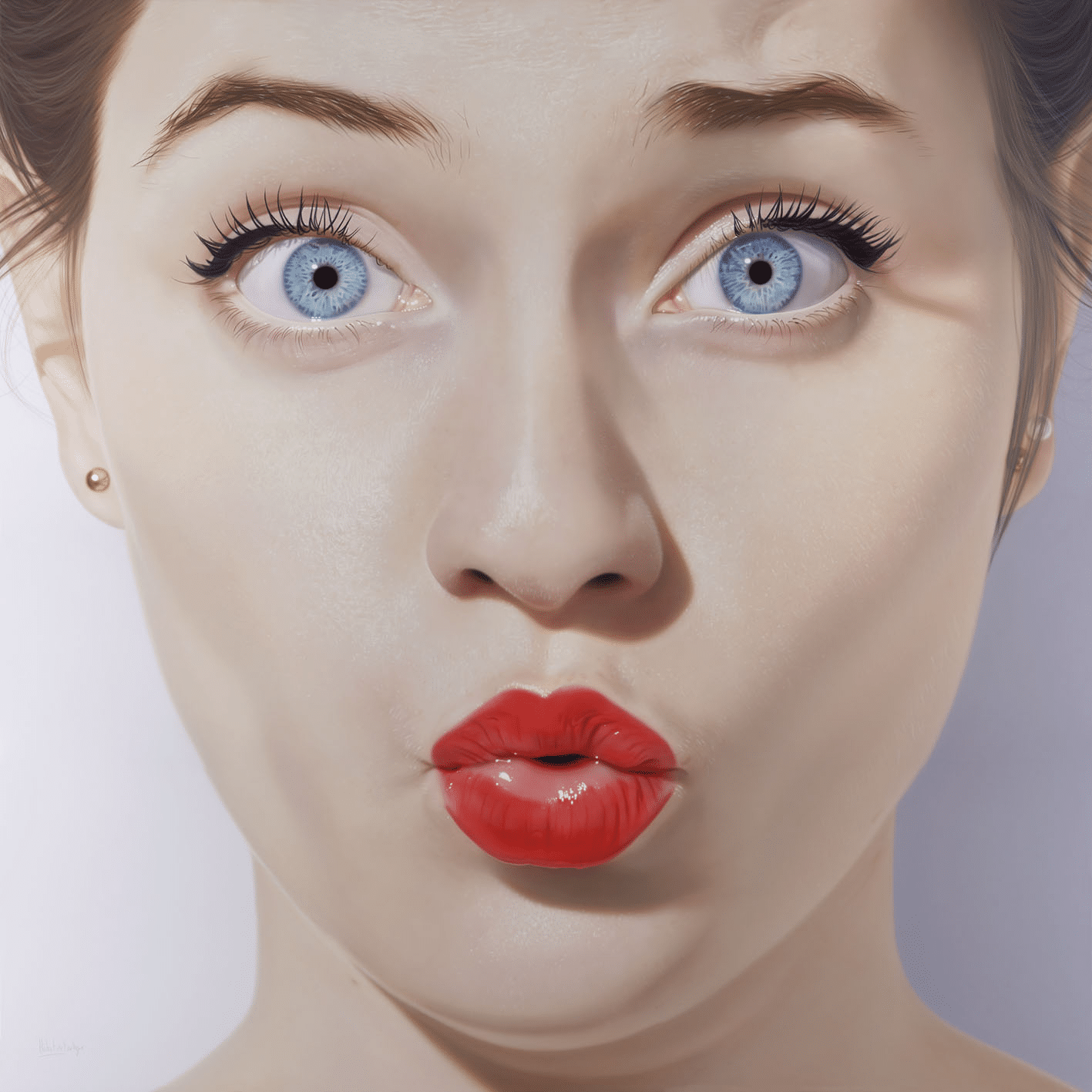 Portrait hyperréaliste d'une jeune femme aux yeux bleus et lèvres rouges