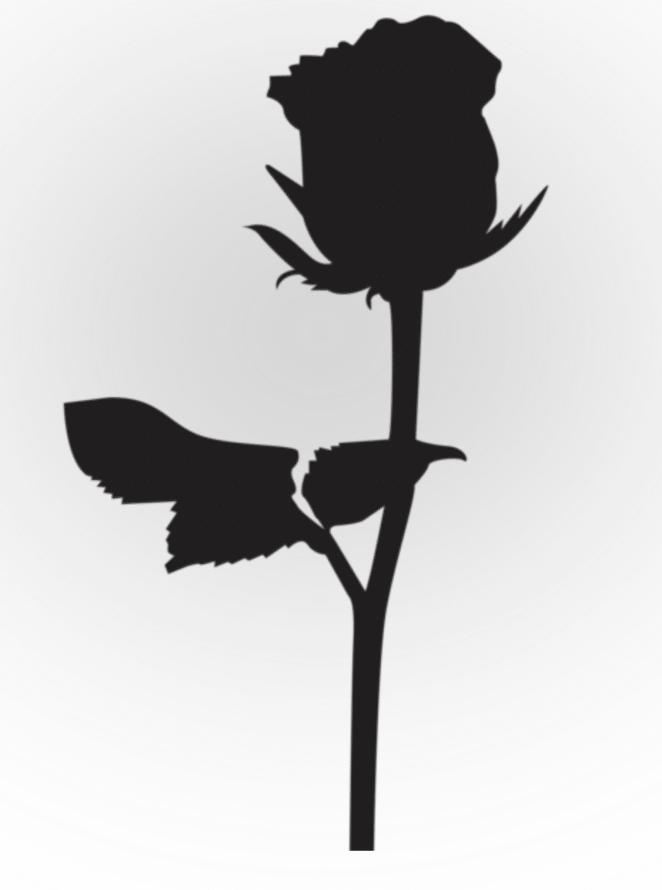 Silhouette noire d'une rose avec sa tige et ses feuilles