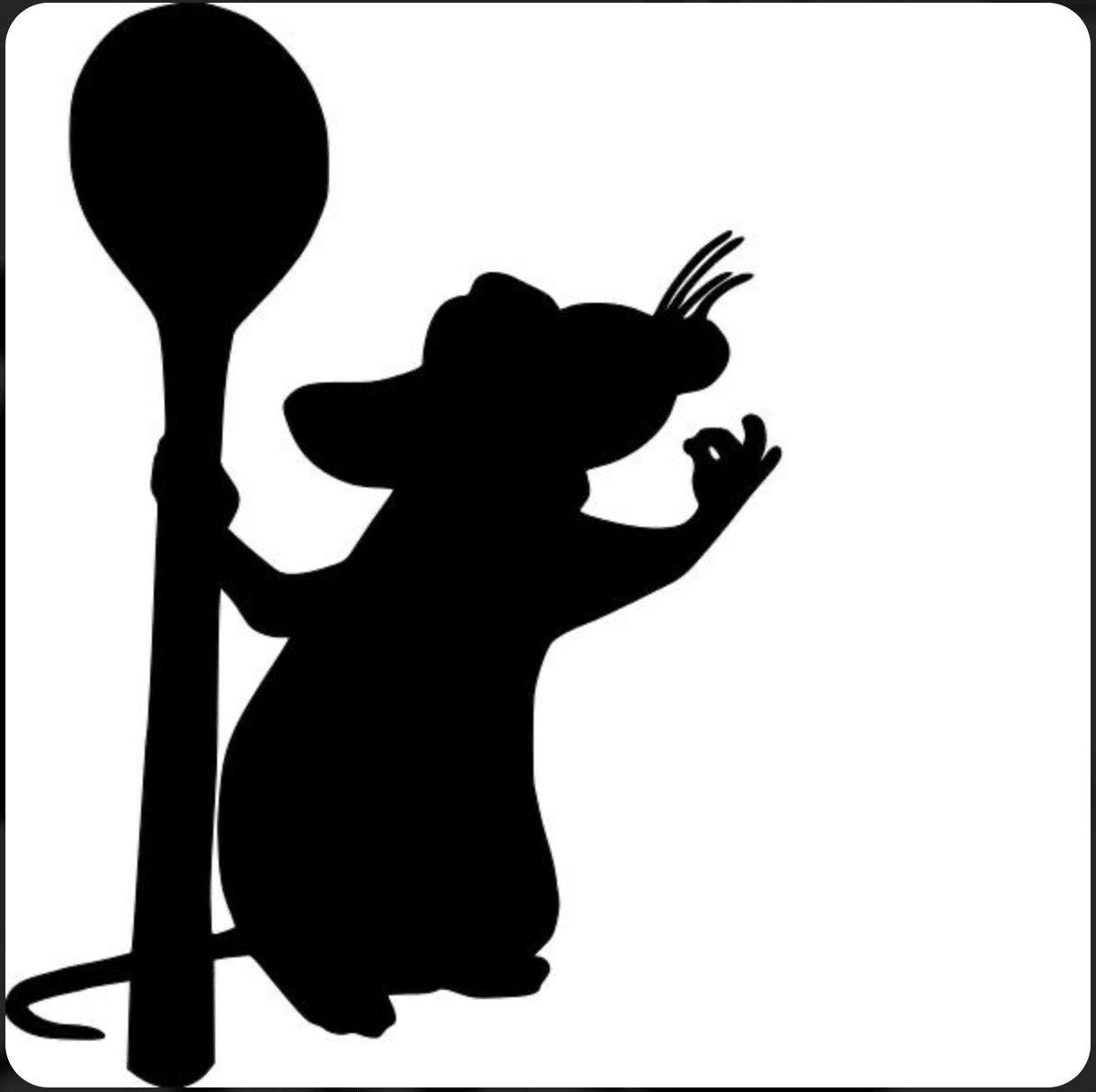 Silhouette noire d'un rat de dessin animé tenant une grande cuillère ratatouille