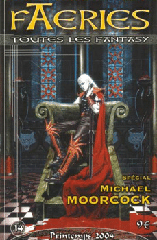 Illustration de couverture fantasy montrant un personnage en rouge sur fond bleu vitrail