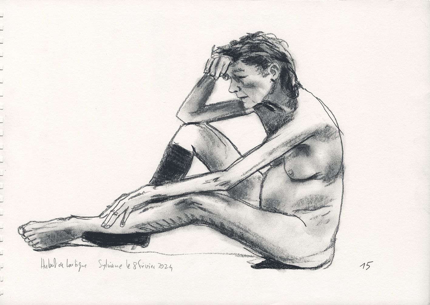 Dessin au crayon d'une femme nue assise dans une pose pensive