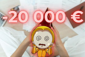 Portefeuille vide avec dette de -20 000€ pour école d'art et émoji choqué