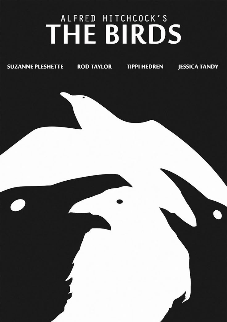 Affiche noir et blanc du film d'Hitchcock "The Birds" avec silhouettes d'oiseaux
