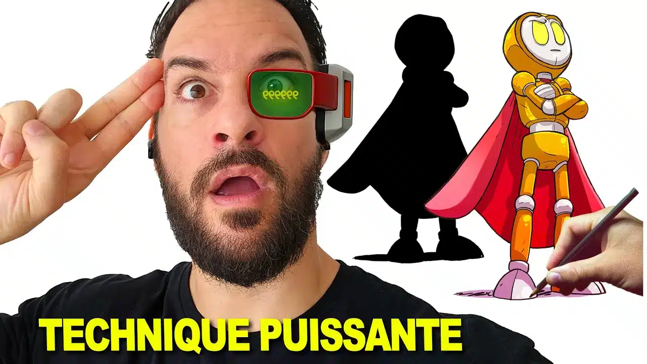 Démonstration de la technique de la silhouette avec un personnage en noir à côté de sa version détaillée