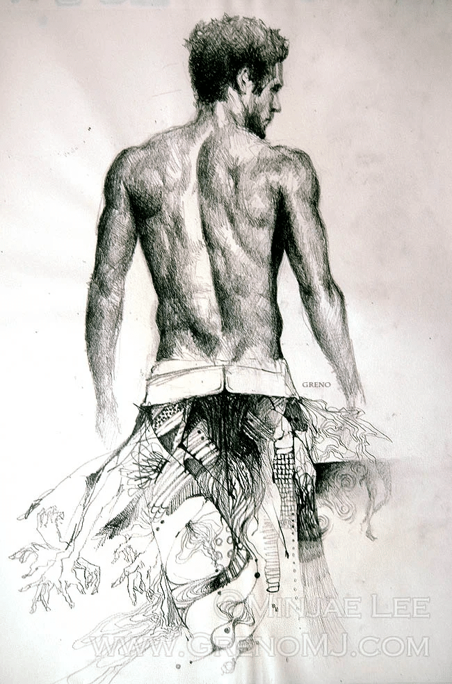 Étude anatomique masculine de dos par Minjae Lee, fusion entre précision anatomique et éléments abstraits
