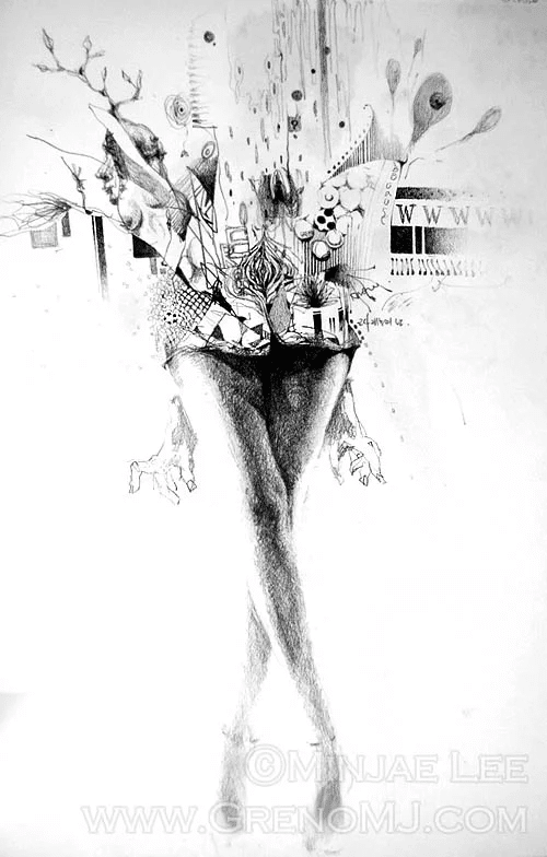 Composition abstraite avec figure féminine et éléments géométriques par Minjae Lee