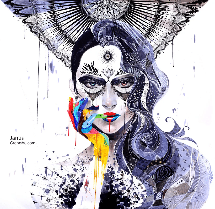 Portrait "Janus" explorant la dualité à travers un masque élaboré et des couleurs contrastées