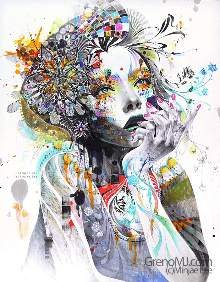 Portrait féminin orné de motifs complexes et couleurs vibrantes, style signature de Minjae Lee