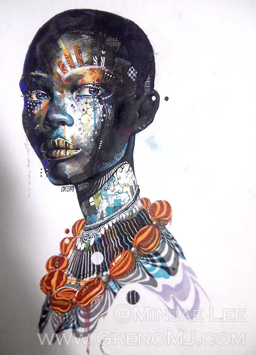 Portrait coloré de style tribal avec ornements et techniques mixtes de Minjae Lee