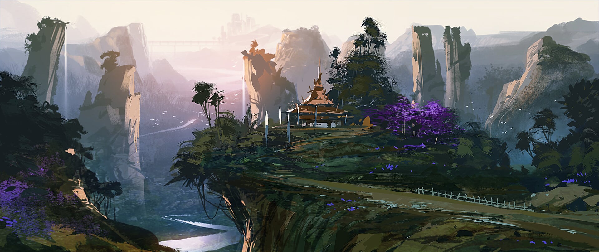 Temple asiatique perché sur une falaise entouré de montagnes et de fleurs pourpres