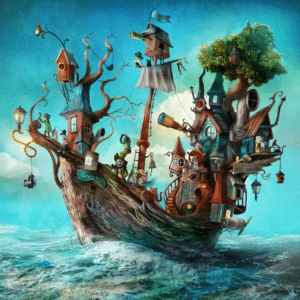 Bateau fantastique avec multiples habitations, personnages et structures