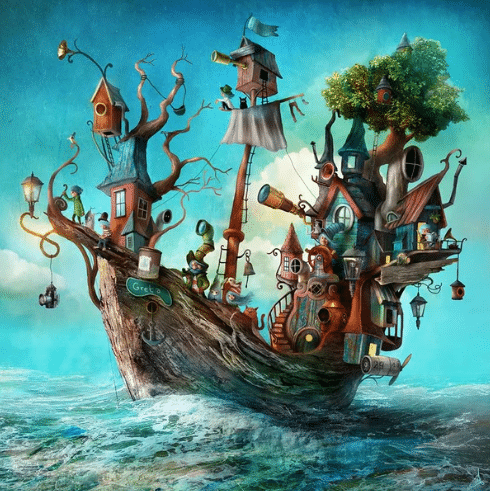 Bateau fantastique avec multiples habitations, personnages et structures