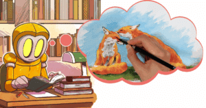 Illustration d'un personnage lisant des livres d'aquarelle avec une bulle montrant une peinture de renard à l'aquarelle, représentant l'apprentissage de l'art aquarelle