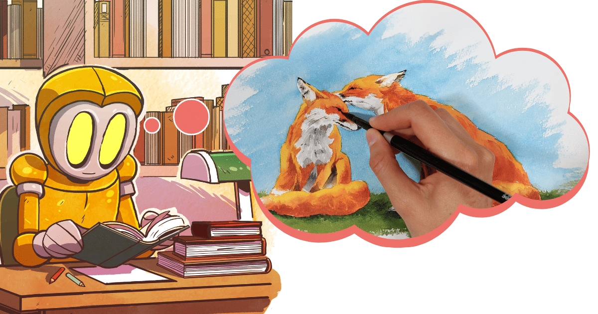 Illustration d'un personnage lisant des livres d'aquarelle avec une bulle montrant une peinture de renard à l'aquarelle, représentant l'apprentissage de l'art aquarelle