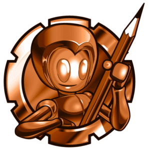 Badge palier Bronze du programme d'affiliation Apprendre à Dessiner avec personnage mascotte tenant un pinceau
