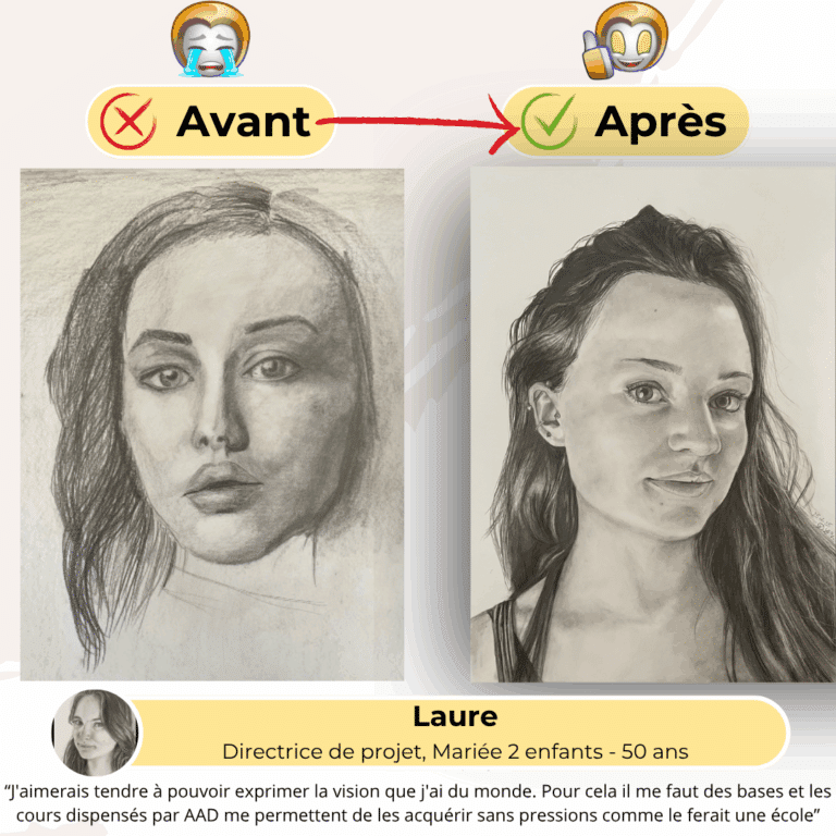 Avant/Après Laure 50 ans - Progrès spectaculaires portrait dessin - Formation Apprendre à Dessiner