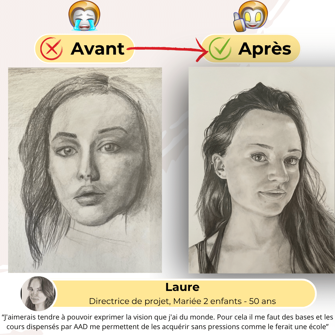 Avant/Après Laure 50 ans - Progrès spectaculaires portrait dessin - Formation Apprendre à Dessiner
