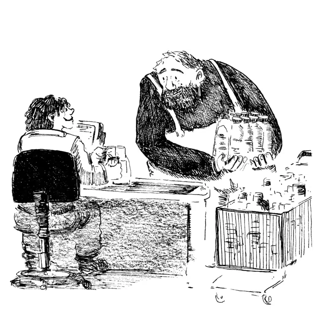 Illustration d'une interaction entre deux personnages à la caisse d'un supermarché - Benjamin Cerbai