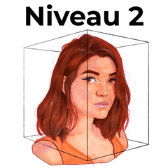 Illustration du Niveau 2 : portrait dans un cube 3D pour apprendre le volume et la perspective