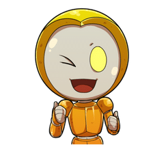 Mascotte Océ avec pouce levé et clin d'oeil , personnage en combinaison orange