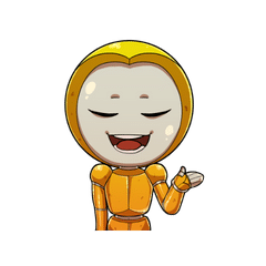 Mascotte Océ souriante avec les yeux fermés et geste accueillant, personnage en combinaison orange