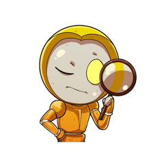Mascotte Océ avec une loupe, personnage en combinaison orange pour décoration de titre