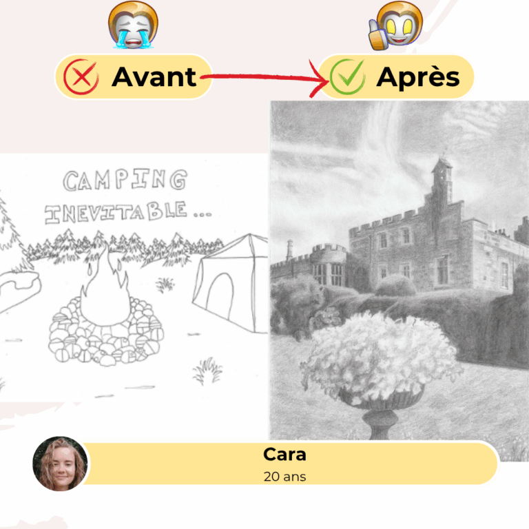 Témoignage avant-après de Cara, étudiante 20 ans : évolution du dessin humoristique vers technique aboutie