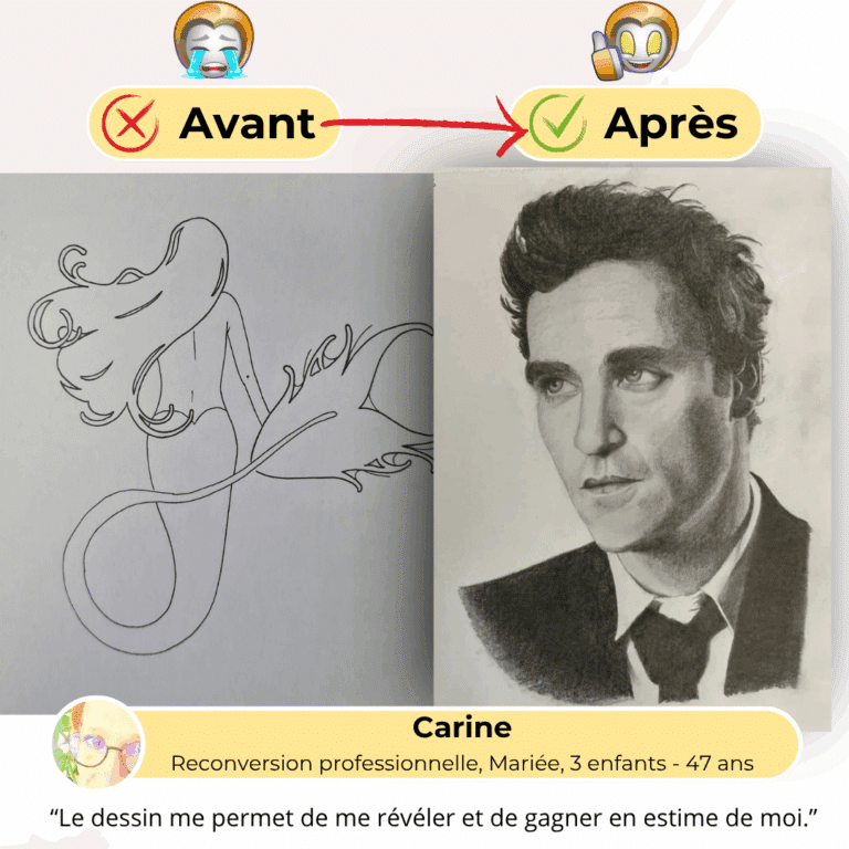 Témoignage avant-après de Carine, 47 ans, reconversion professionnelle : progression du dessin de portrait de débutante à niveau avancé