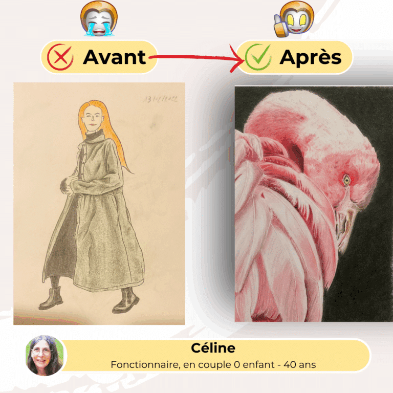 Témoignage avant-après de Céline, fonctionnaire 40 ans : évolution du personnage simple vers flamant rose détaillé