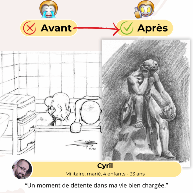 Témoignage avant-après de Cyril, militaire 33 ans : évolution du croquis simple vers dessin détaillé de sculpture