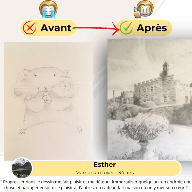 Témoignage avant-après d'Esther, maman 34 ans : amélioration technique pour partager sa passion du dessin